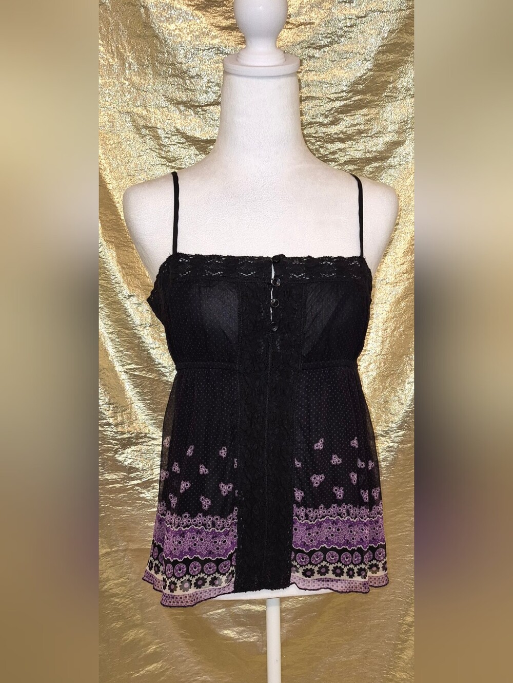 Vintage Free People Black and Purple Babydoll Spaghetti Tank Top